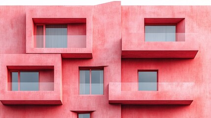 Pink building facade with balconies and windows.