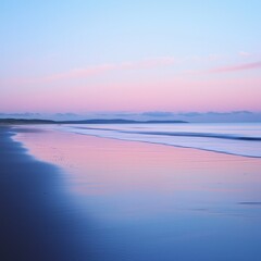 Fototapeta premium A tranquil beach scene at sunset, featuring soft pink and blue pastel hues reflecting on the calm water and sand.