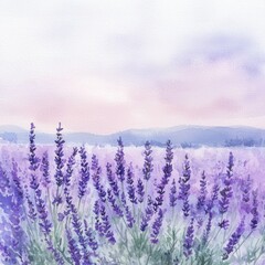 Obraz premium A delicate watercolor painting of a lavender field at sunrise, featuring soft purple, pink, and beige tones in the background.