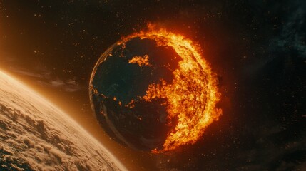 Fototapeta premium Earth in Flames: Surreal Cosmic Scene of Planet Burning with Fiery Flames and Dramatic Outer Space Background