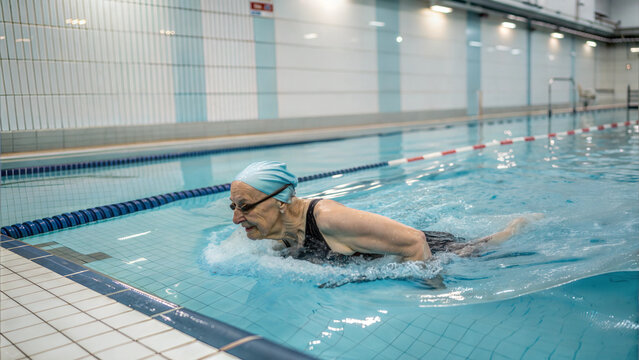 Elderly woman swimming in an indoor pool, active senior lifestyle, fitness and health motivation, aquatic exercise for well-being, sports photography for wellness blogs and media
