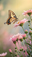 Elegant butterfly on pink flowers, delicate nature photography, spring and summer floral inspiration, peaceful and dreamy scene for blogs, greeting cards, and wallpapers