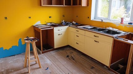 Kitchen renovation with an exposed wall, new cabinets in progress, and tools resting on a wooden stool.