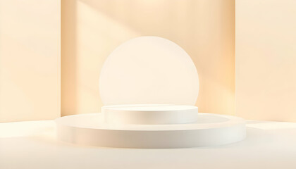 Minimalist product display, cylindrical golden podium, white circular base, beige background, soft lighting, elegant presentation, luxury showcase, 3D rendering, clean aesthetic, subtle shadows, warm 
