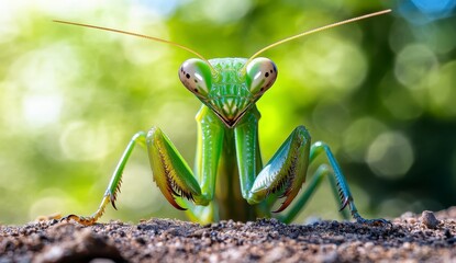 Close up of a vibrant green praying mantis on a dark brown surface, against a blurred background of green foliage. The mantis is sharply in focus