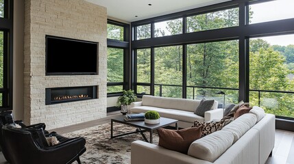 Luxe modern minimalist living room with deep textures, neutral hues, and a contemporary built-in fireplace.