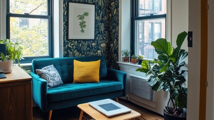 Maximalist design with bold wallpaper, vibrant printed textiles, and a deep teal couch.