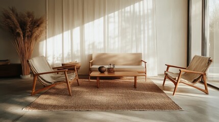 Mid-century minimalist living room with a neutral palette, wooden furniture, and a textured area rug.