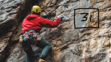 Fototapeta premium Climber ascends challenging rock face, number 31 marked.