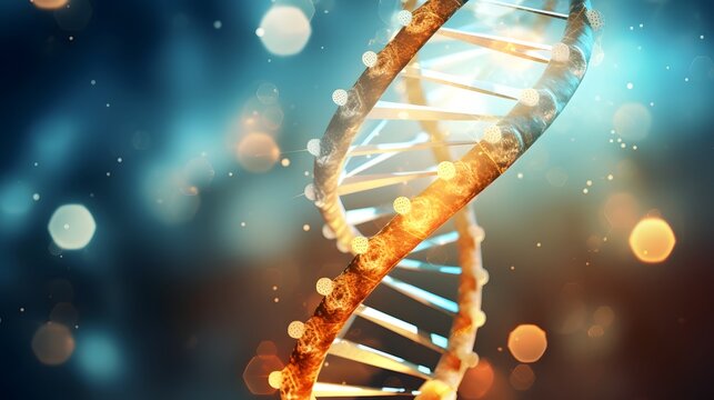 Glowing and luminescent DNA helix structure set against a futuristic high tech data driven environment with scientific information overlays and digital elements