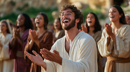 A happy young man with brown hair and a beard, wearing a white robe, is singing in the garden of Gethsemane, surrounded by women dressed in robes who stand behind him, clapping the