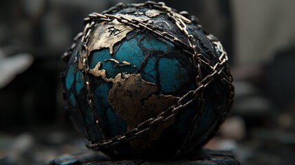 Artistic Representation of a Globe Encircled by Chains Symbolizing Restriction and Global Challenges