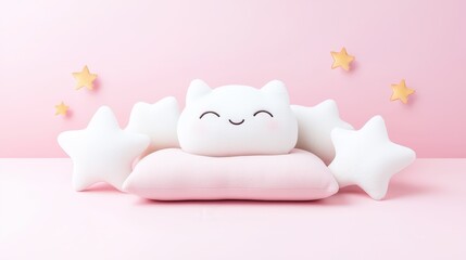 A collection of soft, fluffy white star-shaped pillows resting gently on a pastel pink background, evoking warmth and comfort.