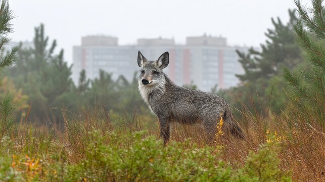 A spotted deer stands in a field of tall grass, a hazy cityscape visible in the background on a cloudy day. The deer is the focal point, with its