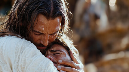 Jesus comforts a crying man.Side view of Yeshua embracing a weeping disciple