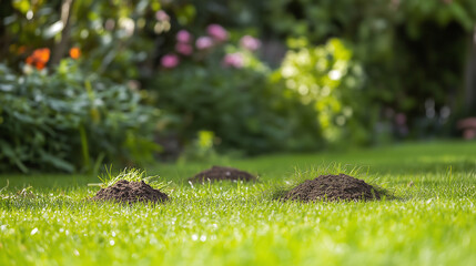 Three Molehills in a Lush Green Garden Lawn
