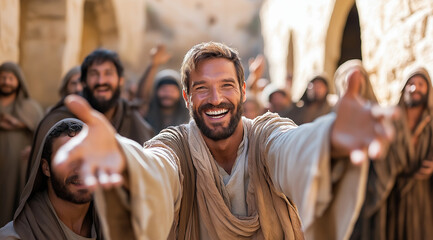 Jesus, smiling and reaching out to people with open arms, surrounded by his disciples in the ancient city of Jerusalem, in a cinematic scene.