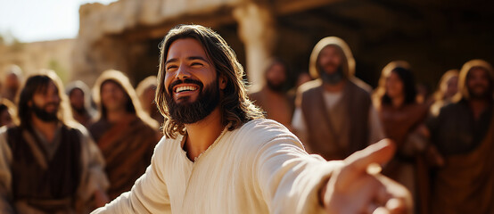 Jesus, smiling and reaching out to people with open arms, surrounded by his disciples in the ancient city of Jerusalem, in a cinematic scene.