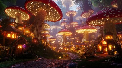 Enchanting Mushroom Village Illuminated by Lights