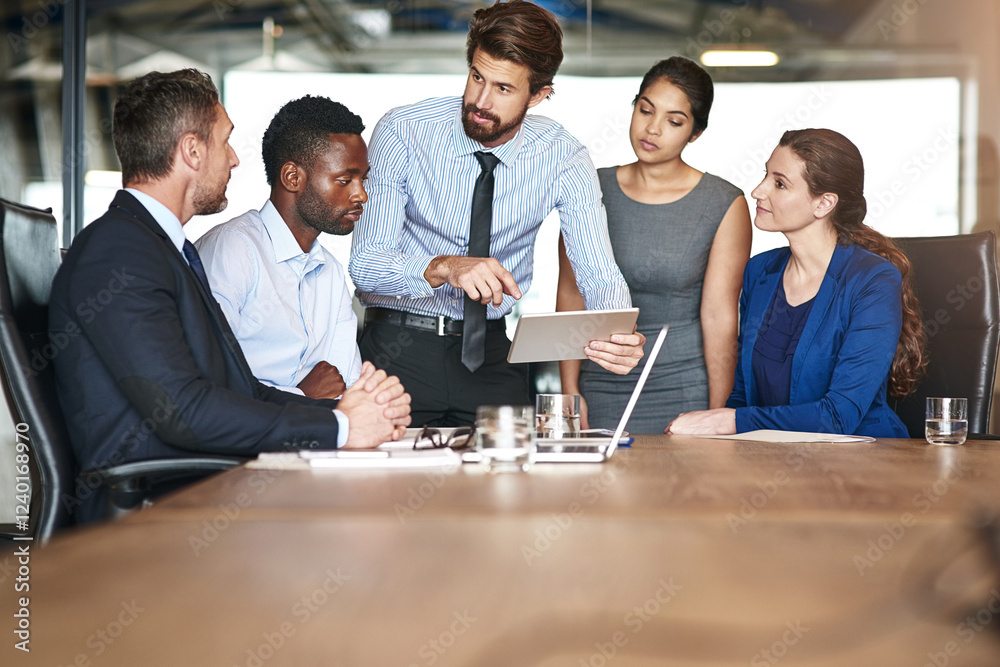 Aufkleber tablet, team discussion and business people planning, meeting or problem solving. group, technology 