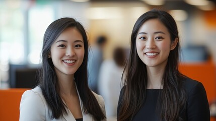 Fototapeta premium Two young Asian businesswomen engaged in a friendly discussion in a contemporary office, with bright, natural lighting and warm tones, and plenty of copy space for text.
