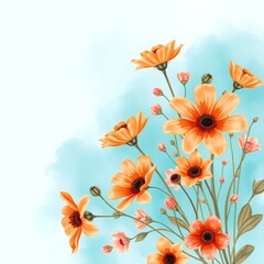 Colorful orange flowers bloom against a soft blue background, creating a vibrant yet serene atmosphere in the artwork