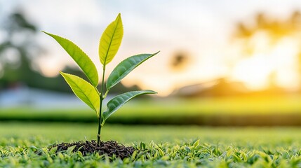 Young green plant in sunshine on vibrant grass field