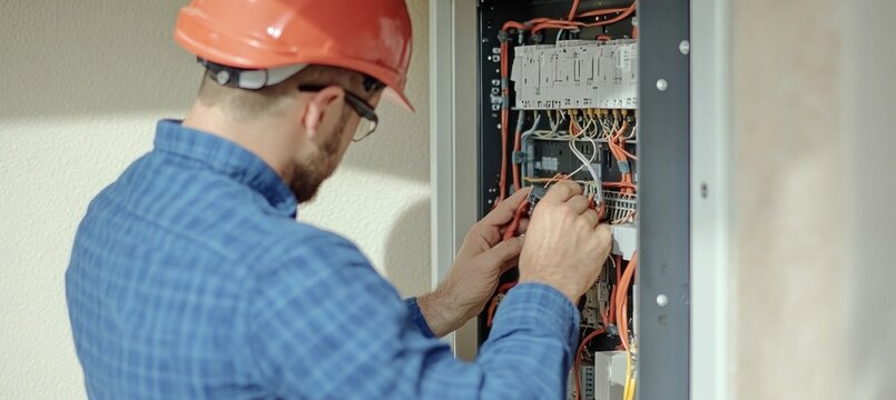 Electrician connecting cables in fuse box wearing protective helmet