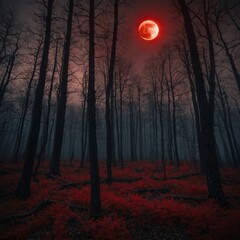 A red woodland during a solar eclipse, with an ominous glow.