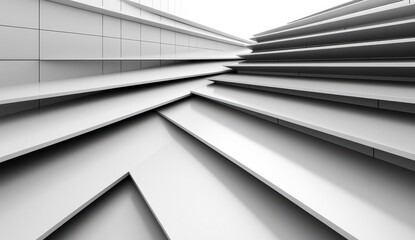Fototapeta premium Abstract grayscale 3D rendering of layered white geometric shapes creating a dynamic perspective. The image features a series of angled planes