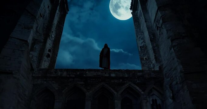 Jesus stands before the devil at twilight in a ruined, stone cathedral in 4K quality. The moon casts eerie beams through