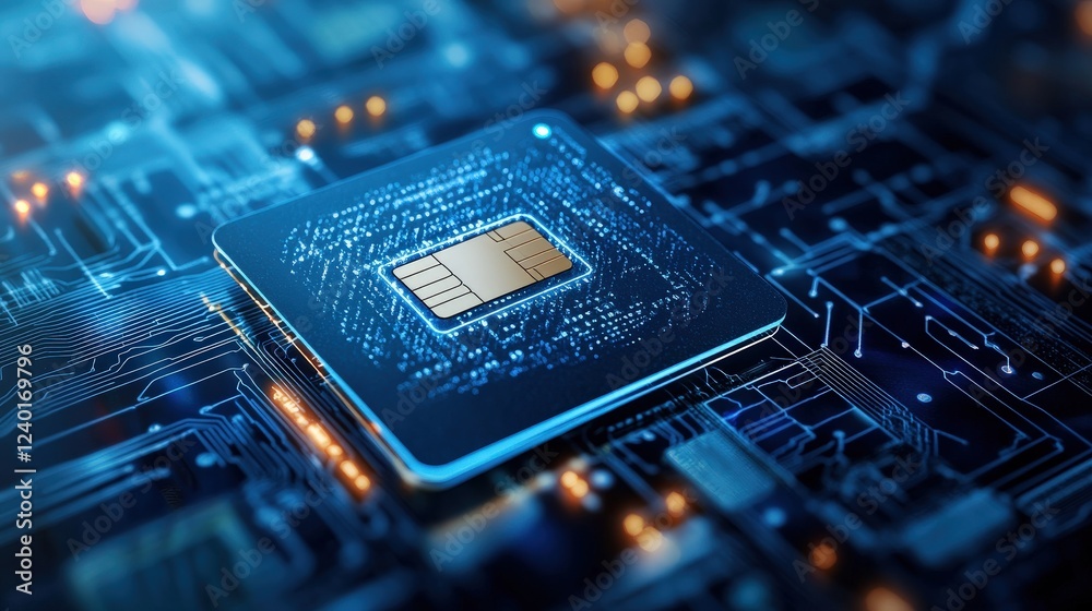Aufkleber futuristic microchip on circuit board with glowing elements