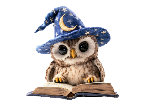 Cute Owl in Blue Wizard Hat with Open Book and Starry Night Theme