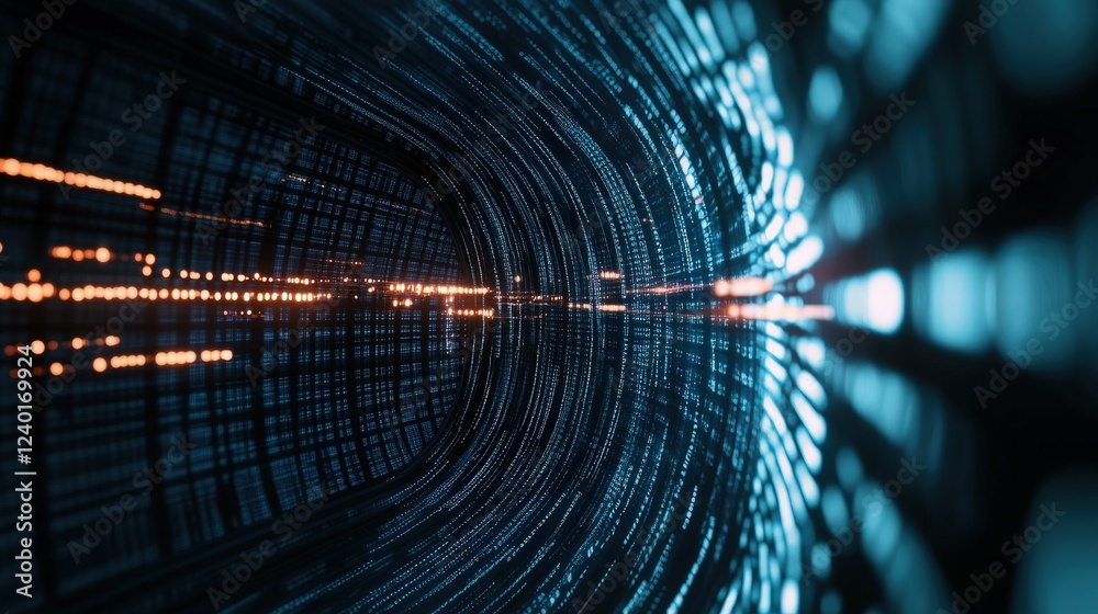 Poster Abstract digital tunnel with glowing lines and bright particles