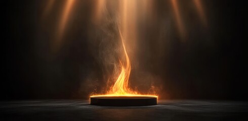 Fiery stage platform, dark studio, spotlight, product display