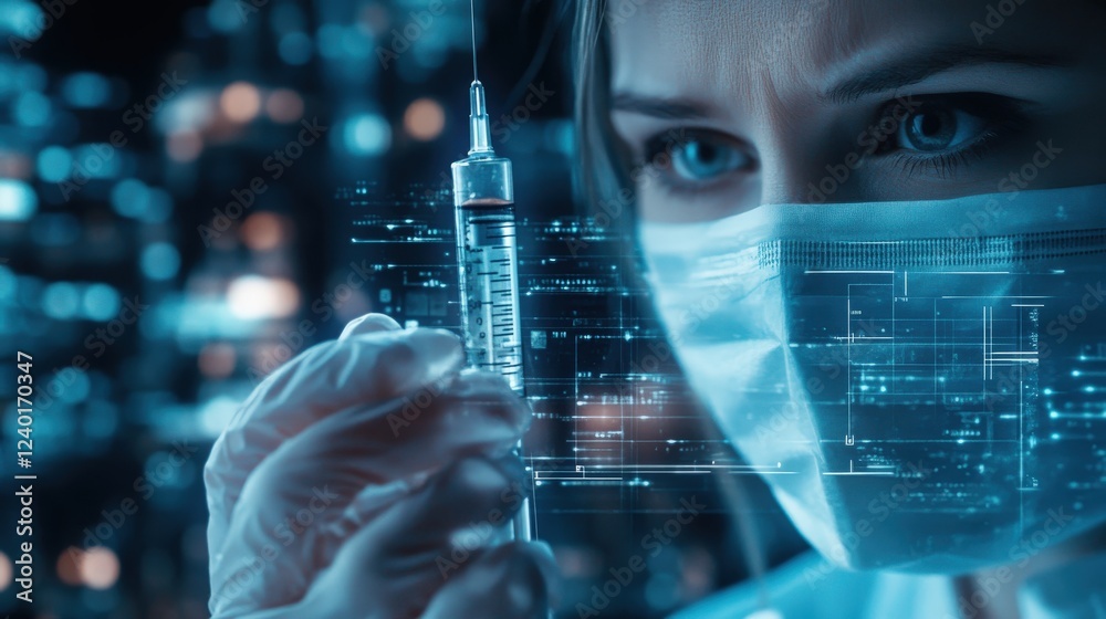 Poster focused researcher examining syringe in high-tech laboratory setting