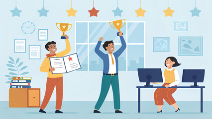 Fototapeta premium Celebrating Team Success with Trophies in Modern Office Environment