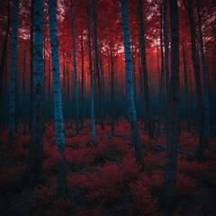 A twilight red forest with long blue shadows.