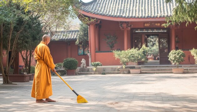 Buddhist monk sweeping the floor of a temple courtyard
