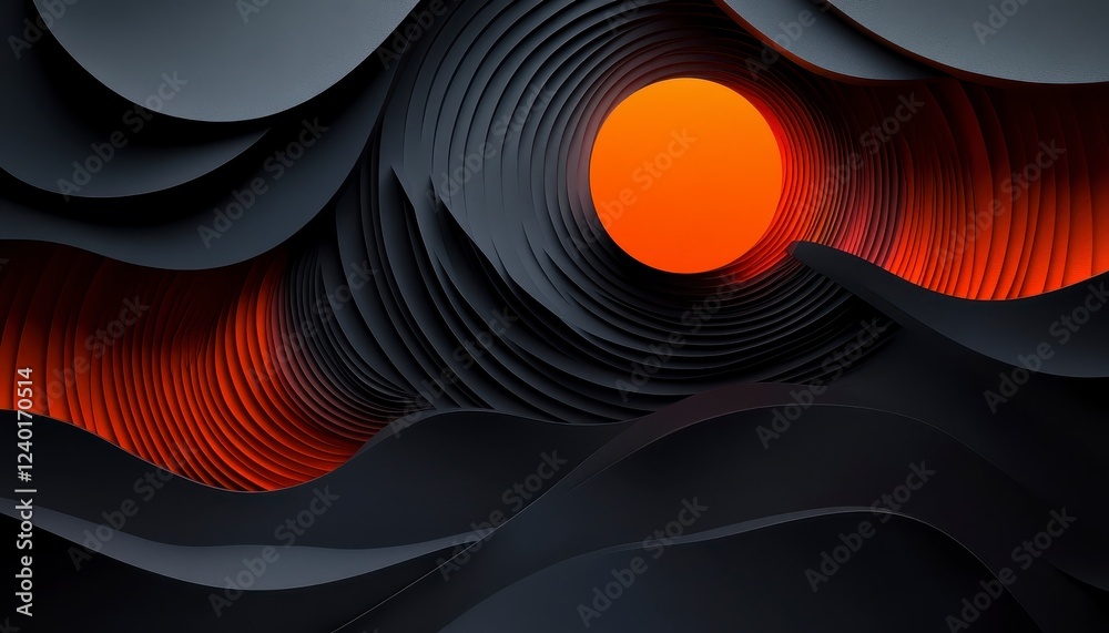 Poster abstract 3d render of dark gray and black layered shapes creating a swirling vortex effect around a 