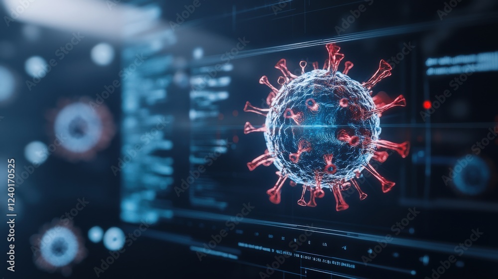 Poster detailed visualization of coronavirus structure with digital elements