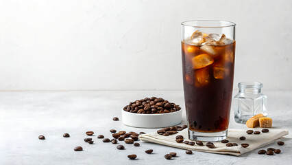 Refreshing Iced Coffee Drink with Ice Cubes and Coffee Beans