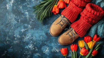 Tan boots, red leg warmers, tulips, and sweater on blue background.
