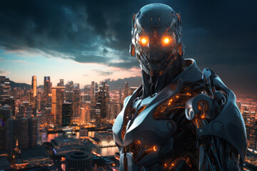 robot on building at cityscape background