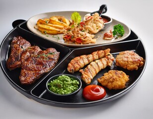 Fototapeta premium 調理法の違い｜揚げ物・焼き物・蒸し料理の対比を楽しむグルメプレート