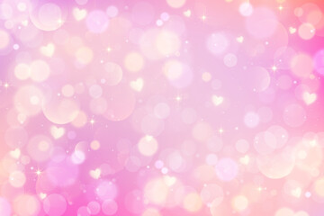 Pink lovely background with cute hearts and pattern of bokeh. Light pastel fantasy gradient sky with magic stars. Valentine Day blurred girly wallpaper. Dreamy glowing backdrop