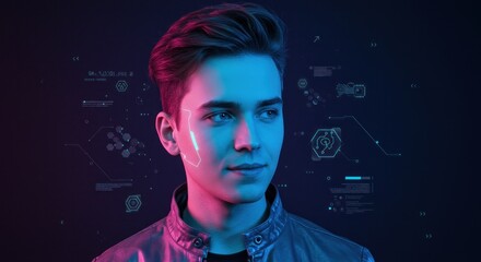 Young Man Illuminated with Futuristic Digital Interface Overlay
