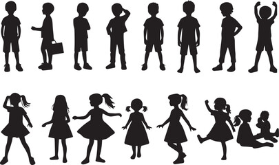 Kids silhouette vector illustration showing multiple children in playful and standing poses. Ideal kid set for educational designs, websites, or creative projects requiring children themed visuals