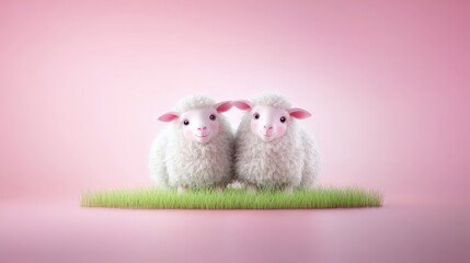Happy angel sheep duo standing side by side, their fluffy wool glowing softly against a bold pink backdrop, minimalist and heavenly.
