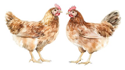 Fototapeta premium Two Brown Hens Facing Each Other Watercolor Painting
